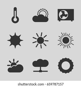 Climate icons set. set of 9 climate filled icons such as sun, air conditioner, temperature, sun cloud