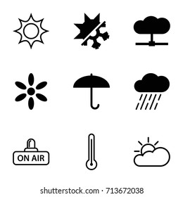 Climate icons set. set of 9 climate filled and outline icons such as sun, rain, cold and hote mode, open air, thermometer, sun cloud, umbrella