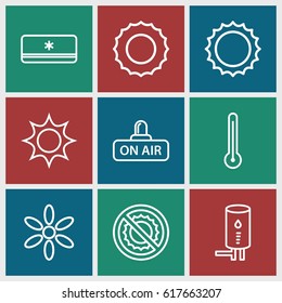 Climate icons set. set of 9 climate outline icons such as sun, no brightness, open air, geyser, air conditioner