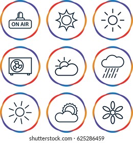 Climate icons set. set of 9 climate outline icons such as sun, rain, open air, air conditioner