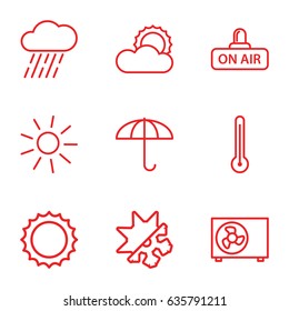 Climate icons set. set of 9 climate outline icons such as sun, rain, open air, air conditioner, cold and hote mode, thermometer