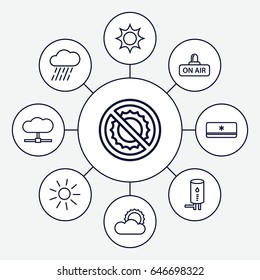 Climate icons set. set of 9 climate outline icons such as sun, rain, no brightness, open air, geyser, air conditioner