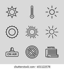 Climate icons set. set of 9 climate outline icons such as sun, no brightness, open air