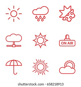 Climate icons set. set of 9 climate outline icons such as open air, sun, cold and hote mode, rain, umbrella