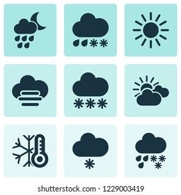 Climate icons set with cold, drizzle, light snow shower and other hail elements. Isolated vector illustration climate icons.