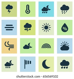 Climate Icons Set. Collection Of Colors, Moisture, Breeze And Other Elements. Also Includes Symbols Such As Outbreak, Nightly, Humidity.