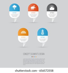 Climate Icons Set. Collection Of Colors, Temperature, Sun-Cloud And Other Elements. Also Includes Symbols Such As Flash, Sunlight, Rainbow.