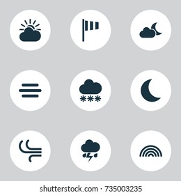 Climate Icons Set. Collection Of Colors, Flash, Breeze And Other Elements. Also Includes Symbols Such As Crescent, Snow, Colors.