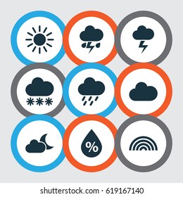 Climate Icons Set. Collection Of Douche, Moonlight, Moisture And Other Elements. Also Includes Symbols Such As Moisture, Sunny, Rain.