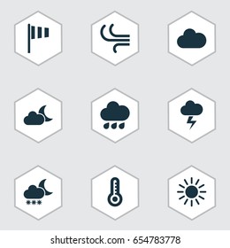 Climate Icons Set. Collection Of Flag, Temperature, Night And Other Elements. Also Includes Symbols Such As Lightning, Rain, Sunny.