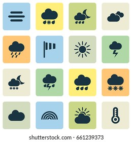Climate Icons Set. Collection Of Flash, Wet, Temperature And Other Elements. Also Includes Symbols Such As Thermometer, Sunlight, Sunny.