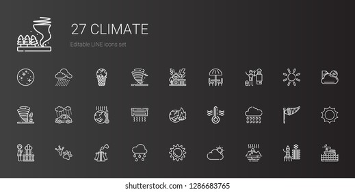 climate icons set. Collection of climate with global warming, cloud, sun, raining, pollution, footprint, geyser, rain, thermometer, air conditioner. Editable and scalable climate icons.