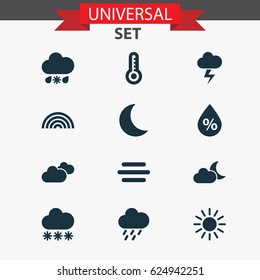 Climate Icons Set. Collection Of Haze, Sun, Temperature And Other Elements. Also Includes Symbols Such As Crescent, Clouds, Outbreak.