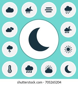 Climate Icons Set. Collection Of Haze, Douche, Rainy And Other Elements. Also Includes Symbols Such As Lightning, Sun, Flash.