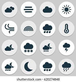Climate Icons Set. Collection Of Lightning, Weather, Snowy And Other Elements. Also Includes Symbols Such As Sunny, Moonlight, Thermometer.