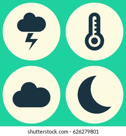 Climate Icons Set. Collection Of Lightning, Cloudy, Temperature And Other Elements. Also Includes Symbols Such As Hot, Moonlight, Cloud.