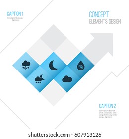 Climate Icons Set. Collection Of Moisture, Moon, Cloudy And Other Elements. Also Includes Symbols Such As Rain, Humidity, Moonlight.