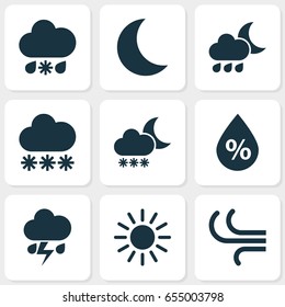 Climate Icons Set. Collection Of Moisture, Flash, Breeze And Other Elements. Also Includes Symbols Such As Cloud, Light, Hate.