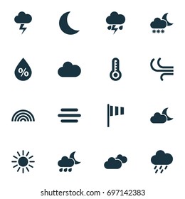 Climate Icons Set. Collection Of Moisture, Breeze, Cloudy And Other Elements. Also Includes Symbols Such As Hate, Humidity, Cold.