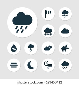 Climate Icons Set. Collection Of Moon, Moisture, Nightly And Other Elements. Also Includes Symbols Such As Wet, Outbreak 