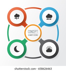 Climate Icons Set. Collection Of Moon, Sun-Cloud, Wet And Other Elements. Also Includes Symbols Such As Sunlight, Flash, Sun.