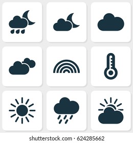Climate Icons Set. Collection Of Nightly, Temperature, Sun-Cloud And Other Elements. Also Includes Symbols Such As Colors, Cloud, Shower.