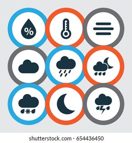 Climate Icons Set. Collection Of Nightly, Temperature, Haze And Other Elements. Also Includes Symbols Such As Douche, Cold, Flash.