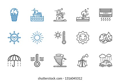 climate icons set. Collection of climate with rain, pollution, tornado, thermometer, umbrella, global warming, sun, air conditioner, hurricane. Editable and scalable climate icons.