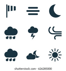 Climate Icons Set. Collection Of Rainy, Lightning, Haze And Other Elements. Also Includes Symbols Such As Moonlight, Sleet, Crescent.
