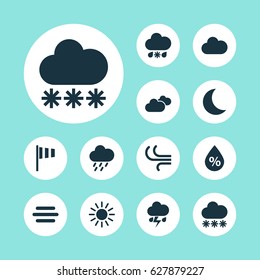 Climate Icons Set. Collection Of Snowy, Moisture, Weather And Other Elements. Also Includes Symbols Such As Moonlight, Light, Sun.