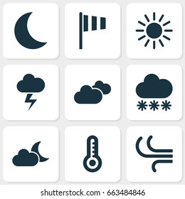 Climate Icons Set. Collection Of Snowy, Breeze, Weather And Other Elements. Also Includes Symbols Such As Breeze, Hate, Sunny.