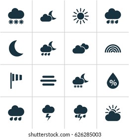 Climate Icons Set. Collection Of Sun, Wet, Colors And Other Elements. Also Includes Symbols Such As Moisture, Cold, Fog.