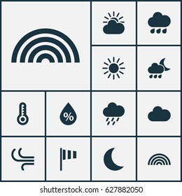 Climate Icons Set. Collection Of Sun, Cloudy, Flag And Other Elements. Also Includes Symbols Such As Rainbow, Nightly, Moonlight.