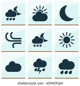 Climate Icons Set. Collection Of Sun, Cloudy, Night And Other Elements. Also Includes Symbols Such As Rainy, Rain, Snowy.