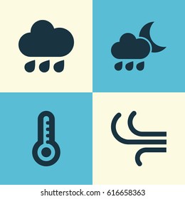 Climate Icons Set. Collection Of Temperature, Rainy, Breeze And Other Elements. Also Includes Symbols Such As Nightly, Temperature, Cold.