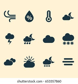 Climate Icons Set. Collection Of Temperature, Moonlight, Nightly And Other Elements. Also Includes Symbols Such As Snow, Thermometer, Wind.