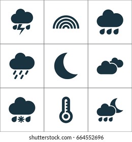 Climate Icons Set. Collection Of Temperature, Wet, Rainy And Other Elements. Also Includes Symbols Such As Thermometer, Colors, Weather.