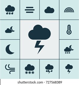 Climate Icons Set. Collection Of Temperature, Cloudy, Night And Other Elements. Also Includes Symbols Such As Fog, Cloudy, Outbreak.