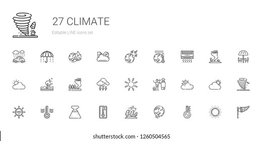 climate icons set. Collection of climate with thermometer, global warming, hurricane, temperature, geyser, sun, cloudy, heater, storm, tornado. Editable and scalable climate icons.