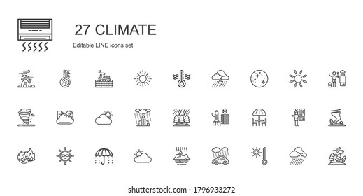 iconos de clima. Colección de clima con termómetro, lluvia, calentamiento global, nublado, paraguas, sol, agua fría, tormenta, nube, tornado. Iconos climáticos editables y escalables.