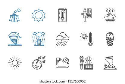 climate icons set. Collection of climate with tornado, geyser, cloud, global warming, sun, thermometer, storm, rain, thermostat, temperature. Editable and scalable climate icons.