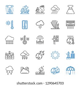 climate icons set. Collection of climate with umbrella, global warming, hurricane, cloud, raining, cold water, sun, storm, thermostat, thermometer. Editable and scalable climate icons.