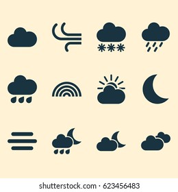 Climate Icons Set. Collection Of Weather, Nightly, Breeze And Other Elements. Also Includes Symbols Such As Clouds, Cold.