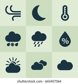 Climate Icons Set. Collection Of Wet, Moon, Temperature And Other Elements. Also Includes Symbols Such As Douche, Weather, Sun.