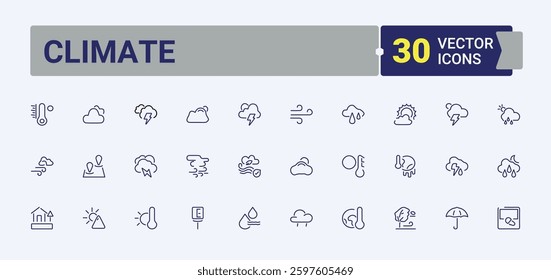 Climate icons set. Containing meteorology, snowflake, drop, season, thermometer, snow and more. Weather icon pack. Vector icon and illustration.