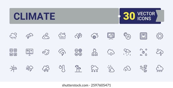 Climate icons set. Containing meteorology, snowflake, drop, season, thermometer, snow and more. Weather icon pack. Vector icon and illustration.
