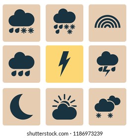 Climate icons set with rainbow, sunlight, weather and other rainy elements. Isolated vector illustration climate icons.