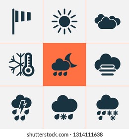 Climate icons set with rainy, cold, misty and cloudy thunderstorm elements. Isolated vector illustration climate icons.