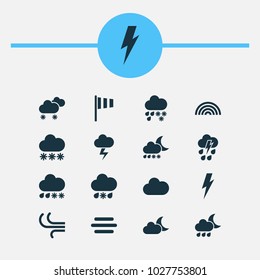 Climate icons set with snow, thundershower, sleet and other thunderstorm elements. Isolated vector illustration climate icons.