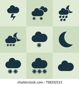 Climate Icons Set With Snowflake, Snowfall, Lightning And Other Night Elements. Isolated Vector Illustration Climate Icons.